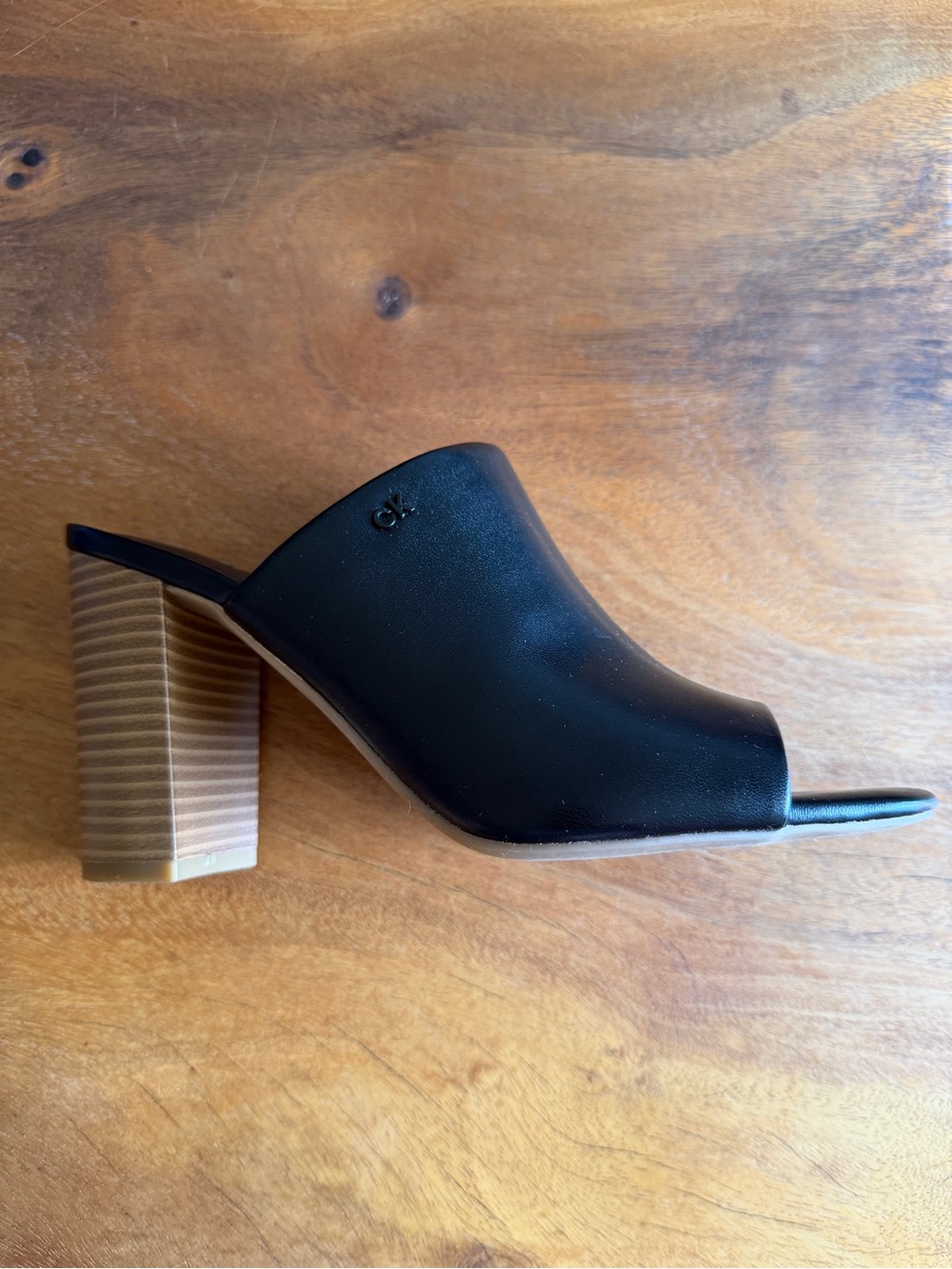 Calvin Klein Black Leather Open-Toe Block Heel Mules - Picture 9 of 14